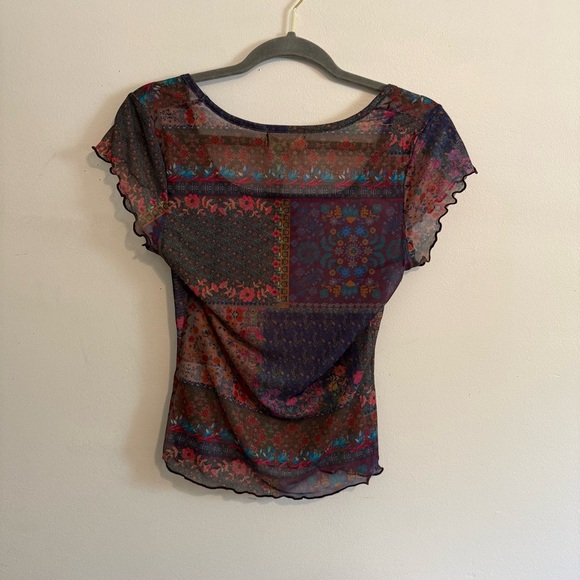 Natural Life Women Sheer Mesh Top Size M Square Neck Lettuce Hem Floral Boho NWT - Picture 2 of 7